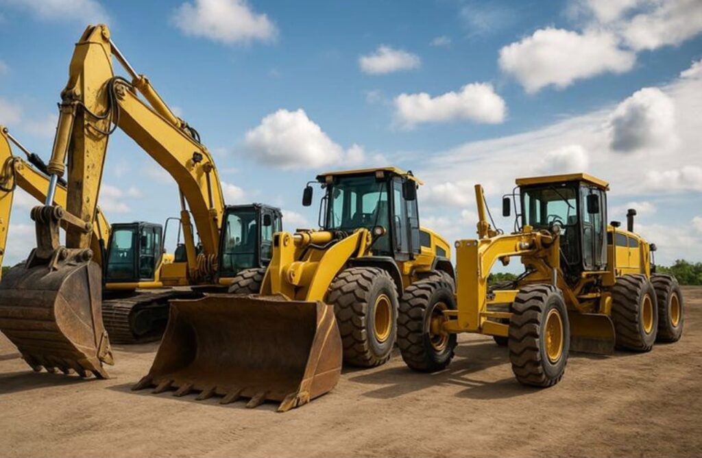 Excavators, wheel loaders and graders lined up at a Casablanca site