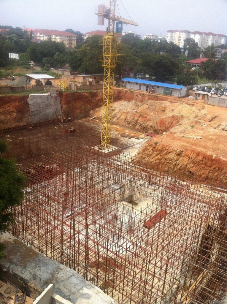 Raft foundation works with tower crane erected on site